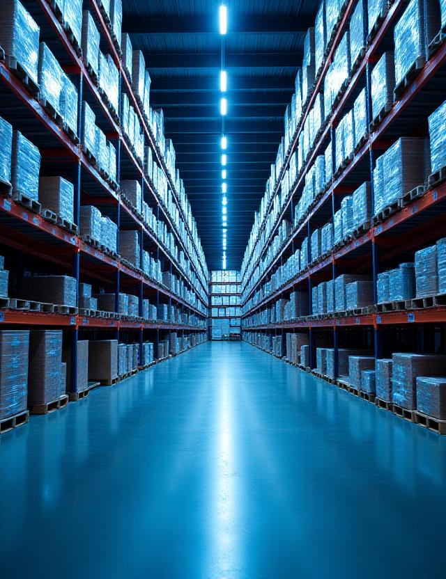 Modern expansive warehouse interior with organized racking