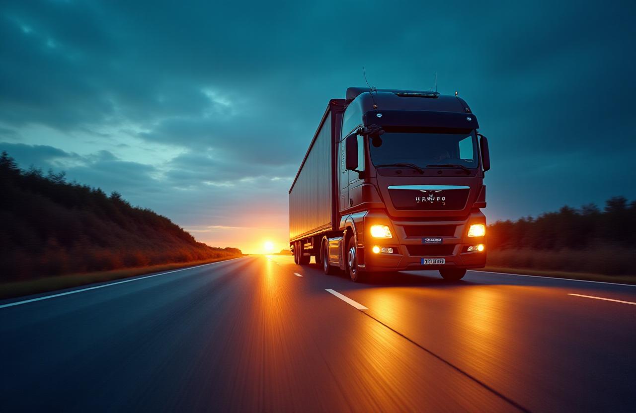 Heavy duty transport vehicle on a dusk highway