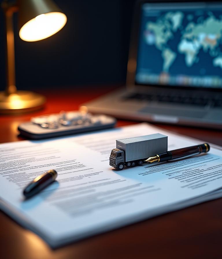 Close up of legal documents and a shipping container model